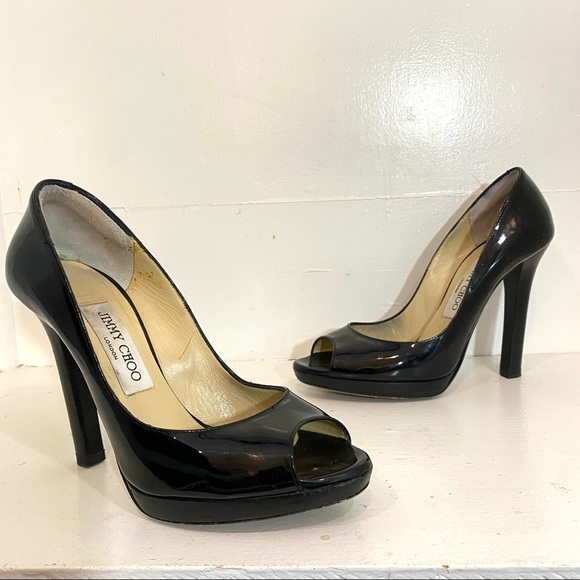 Jimmy Choo Patent Leather Black Peep Toe Pumps High Heels 4" Size 36.5 - Picture 1 of 6